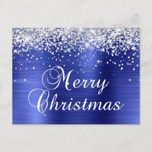 Merry Christmas Silver Glitter Blue Foil Holiday Postcard