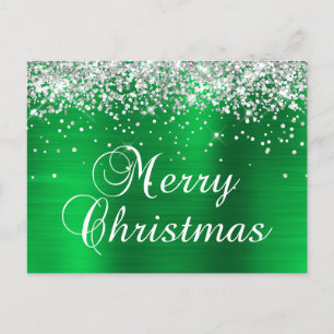 Merry Christmas Silver Glitter Bright Green Foil Holiday Postcard
