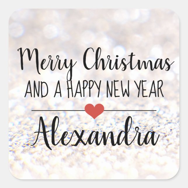 Merry Christmas silver glitter name sticker (Front)