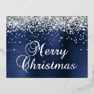 Merry Christmas Silver Glitter Navy Blue Glam Foil Holiday Postcard