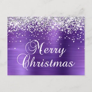 Merry Christmas Silver Glitter Purple Foil Holiday Postcard