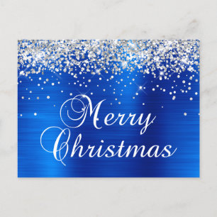 Merry Christmas Silver Glitter Royal Blue Foil Holiday Postcard