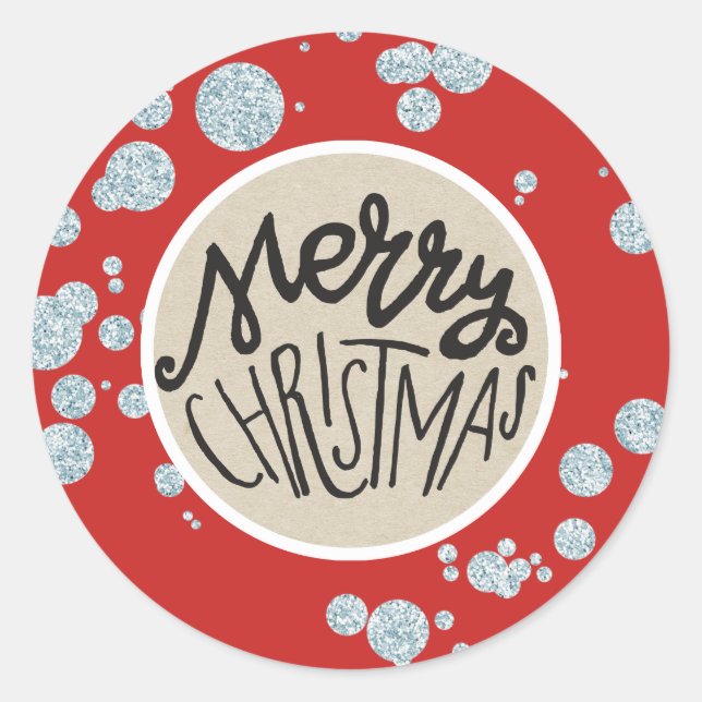 Merry Christmas Silver Glitter Rustic Holiday Classic Round Sticker (Front)