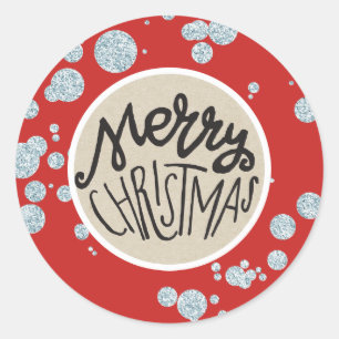 Merry Christmas Silver Glitter Rustic Holiday Classic Round Sticker