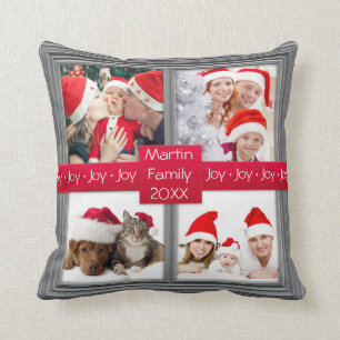 Merry Christmas Silver Photo Collage Custom Cushion