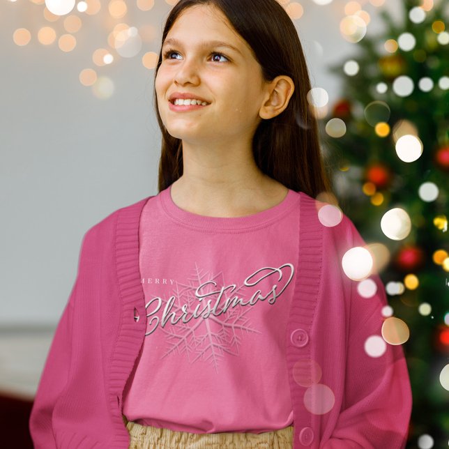 Merry Christmas Silver Snowflake  T-Shirt (Merry Christmas calligraphy script pink t shirt)