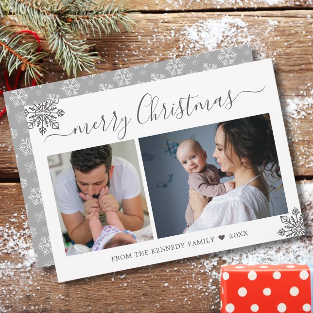 Merry Christmas Silver Snowflakes 2 Photo Collage Holiday Card (Creator Uploaded)