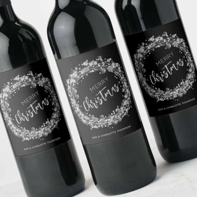 Merry Christmas Silver Stars Wine Label (Creator Uploaded)