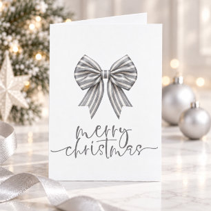 Merry Christmas Silver Stripe Bow Script Folded Holiday Card