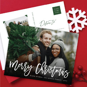 Merry Christmas Simple Brush Script Modern Photo Holiday Postcard