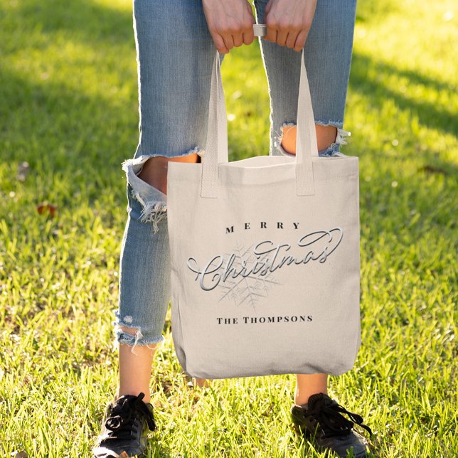 Merry Christmas Simple Calligraphy Cute Snowflake Tote Bag (Merry Christmas silver snowflake calligraphy script tote bag
)