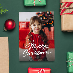Merry Christmas simple casual script one photo Holiday Card