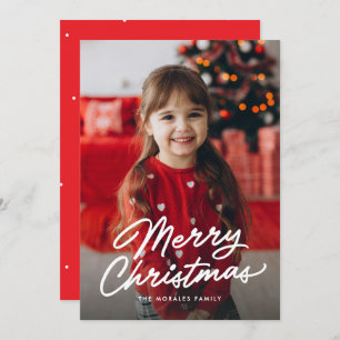 Merry Christmas simple casual script three photo Holiday Card