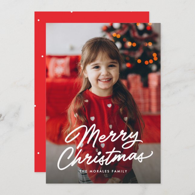 Merry Christmas simple casual script three photo Holiday Card (Front/Back)