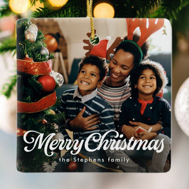Merry Christmas simple classic one photo holiday Ceramic Ornament (Creator Uploaded)