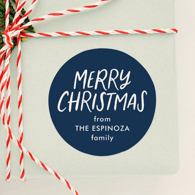 Merry Christmas simple cute navy blue holiday gift Classic Round Sticker (Creator Uploaded)