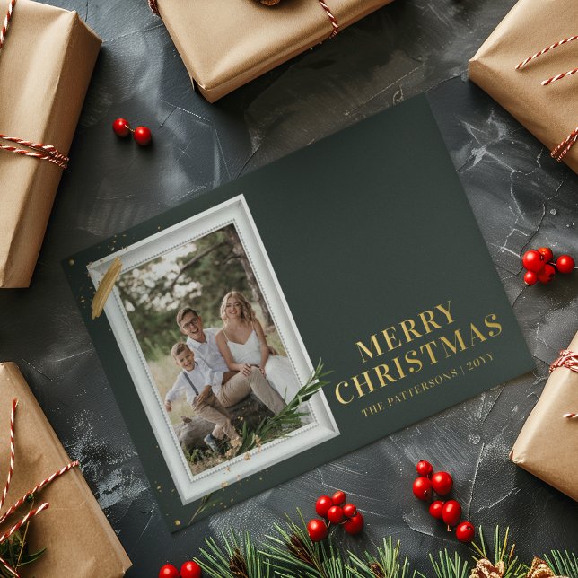 Merry Christmas Simple Elegant Photo Frame Modern Foil Holiday Postcard (Creator Uploaded)