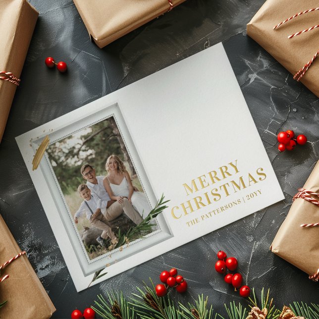 Merry Christmas Simple Elegant Photo Frame Modern Foil Holiday Postcard (Creator Uploaded)