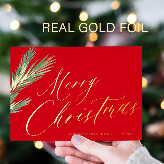 Merry Christmas simple elegant script red gold (You can choose the color of the FOIL: GOLD, ROSE GOLD, or SILVER.)