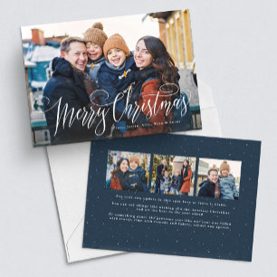 Merry Christmas simple four photo navy blue Holiday Card