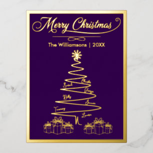 Merry Christmas Simple Gold Tree, Presents, Names Foil Holiday Postcard