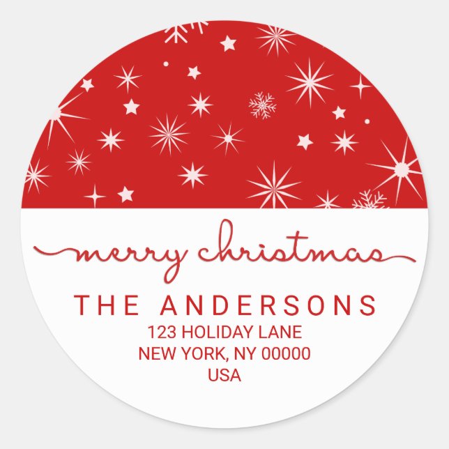 Merry Christmas Simple Handwritten Return Address Classic Round Sticker (Front)