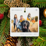 Merry Christmas simple minimal family photo Ceramic Ornament<br><div class="desc">Simple minimalist typography Merry Christmas custom photo,  family name,  and year tree ornament.</div>