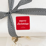 Merry Christmas Simple Minimalist Red Square Sticker<br><div class="desc">This is a simple but colourful 'Merry Christmas" sticker using bold playful typography in classic red and white. This is would suit anyone looking for gift wrapping supplies that are both modern, minimal in style and festive. Please contact the designer for any queries regarding this design or for any matching...</div>