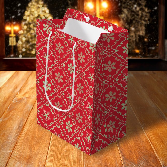 Merry Christmas Simple Minimalist Script Snowflake Medium Gift Bag (Red and green snowflake pattern gift bag)