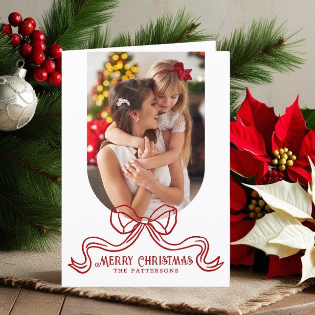 Merry Christmas Simple Modern Coquette Bow Photo Holiday Card (Creator Uploaded)