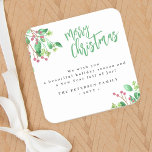 Merry Christmas simple modern family name Square Sticker<br><div class="desc">Modern stylish Merry Christmas green handwritten calligraphy script simple trendy sticker gift label with your custom personalised text and signature featuring watercolor botanical greenery and holy berries.</div>