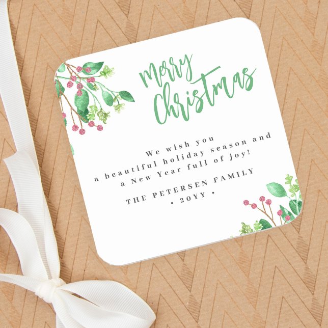 Merry Christmas simple modern family name Square Sticker (Creator Uploaded)