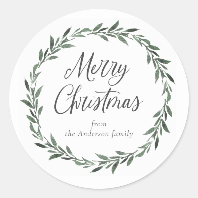 Merry Christmas Simple Rustic Watercolor Greenery Classic Round Sticker (Front)