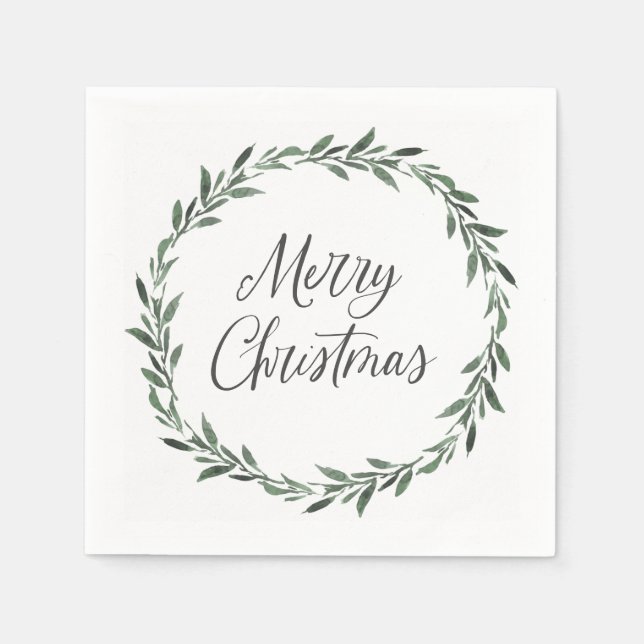 Merry Christmas Simple Rustic Watercolor Greenery Napkin (Front)