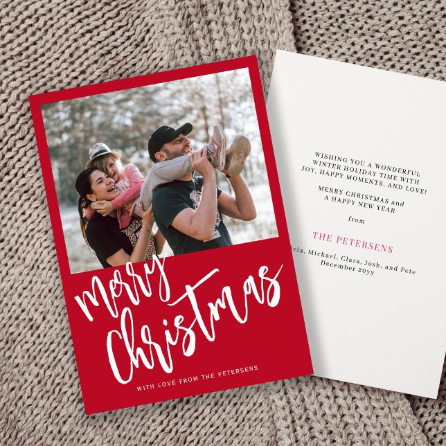 Merry Christmas simple script photo red  Holiday Card (Creator Uploaded)