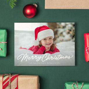 Merry Christmas simple script two photo Holiday Card