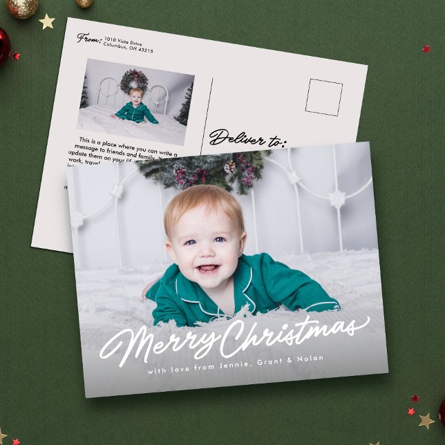Merry Christmas simple script two photo Holiday Postcard (Creator Uploaded)