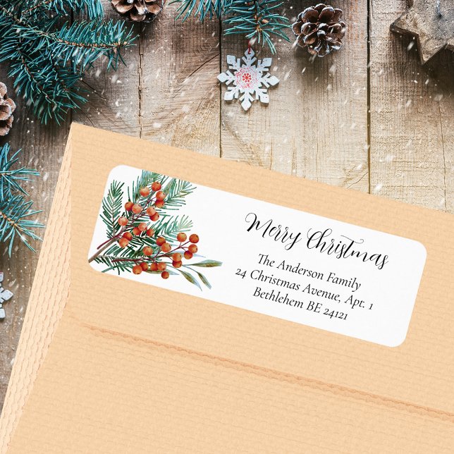 Merry Christmas Simple Watercolor Holy Red Berries (Merry Christmas Simple Rustic Watercolor Green Holly Red Berries Holiday Return Address Label)