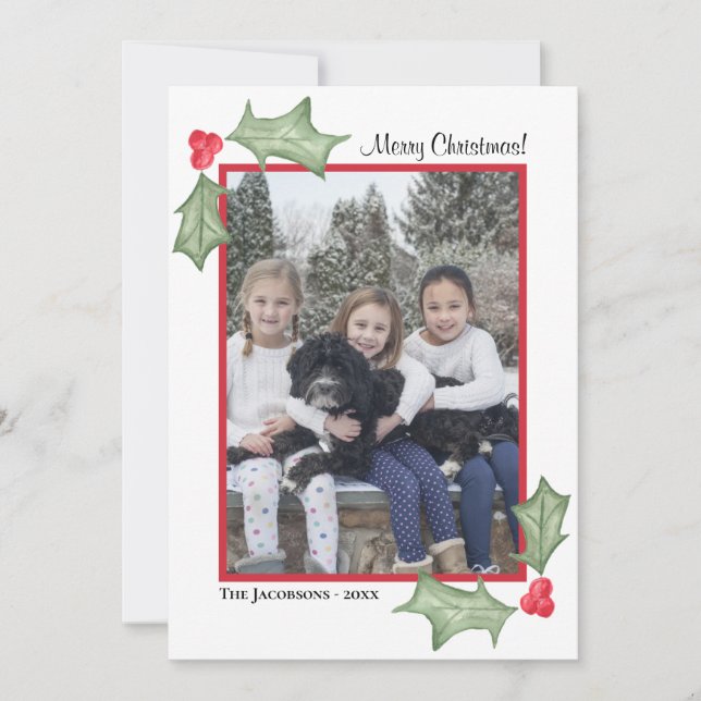 Merry Christmas Simple Watercolor Photo Frame Holiday Card (Front)