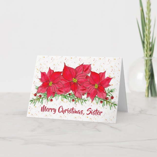 Merry Christmas Sister Poinsettia Flowers Card (Front)