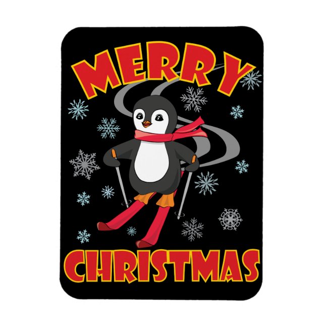 Merry Christmas Skiing Penguin Magnet (Vertical)