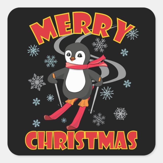 Merry Christmas Skiing Penguin Square Sticker (Front)