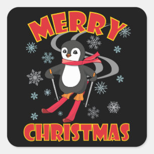 Merry Christmas Skiing Penguin Square Sticker