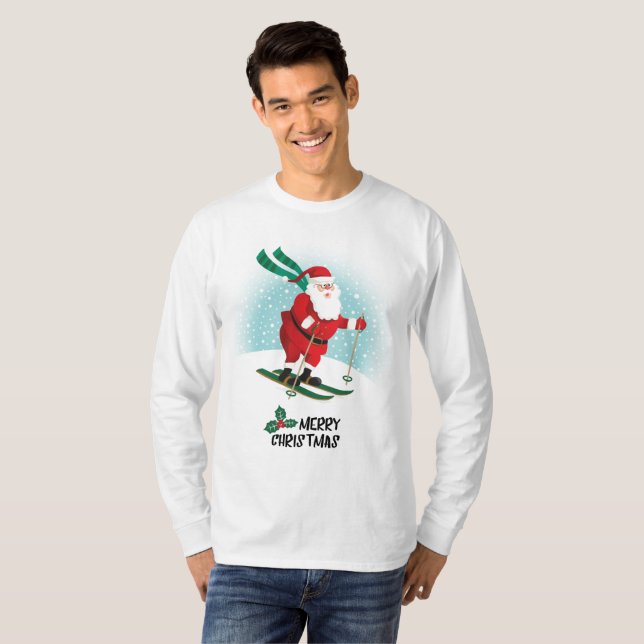 Merry Christmas Skiing Santa Claus | Holidays T-Shirt (Front Full)