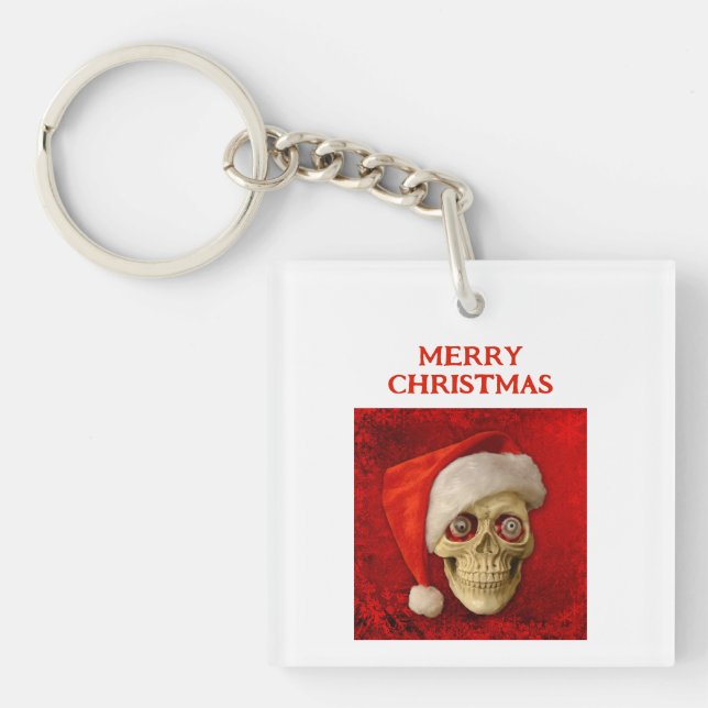 Merry Christmas. Skull wearing Santa hat Key Ring (Front)