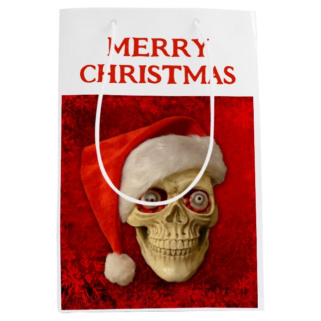 Merry Christmas. Skull wearing Santa hat Medium Gift Bag (Front)