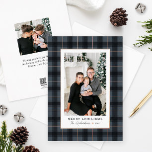 Merry Christmas Slate Rose Gold Tartan Plaid Photo
