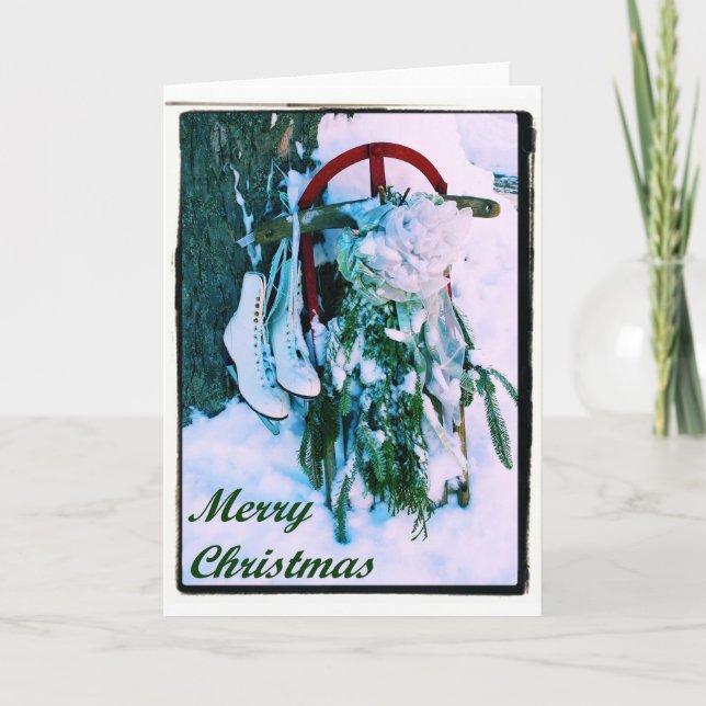 Merry Christmas - Sled & Ice Skates Card (Front)