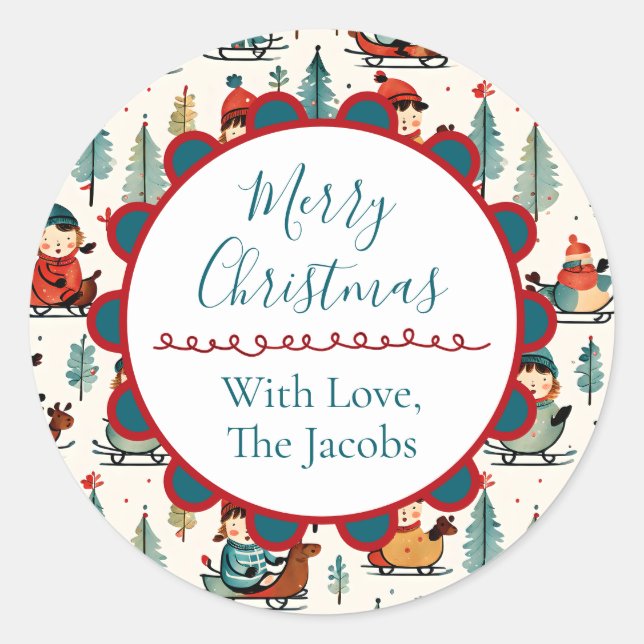 Merry Christmas  | Sledding Children Christmas Classic Round Sticker (Front)