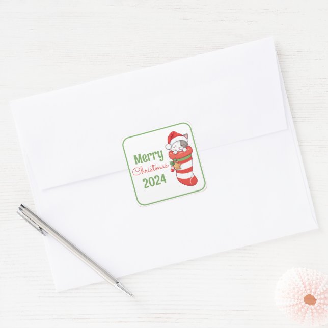 Merry Christmas - Sleeping Kitten in Santa Hat Square Sticker (Envelope)